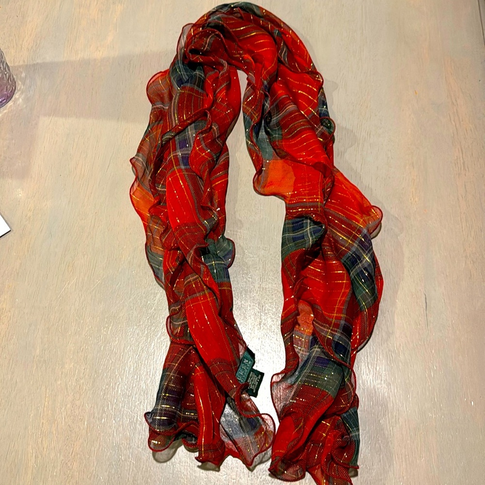 Ralph Lauren Ruffle Plaid Scarf Silk & Gold Metallic Scarf Christmas Holiday